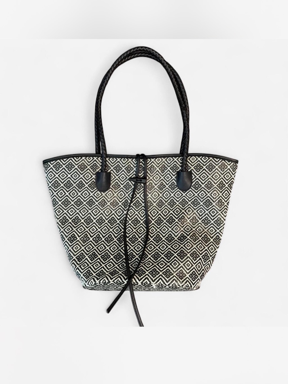 Vintage Neiman Marcus Black and White Geometric Straw Tote Bag